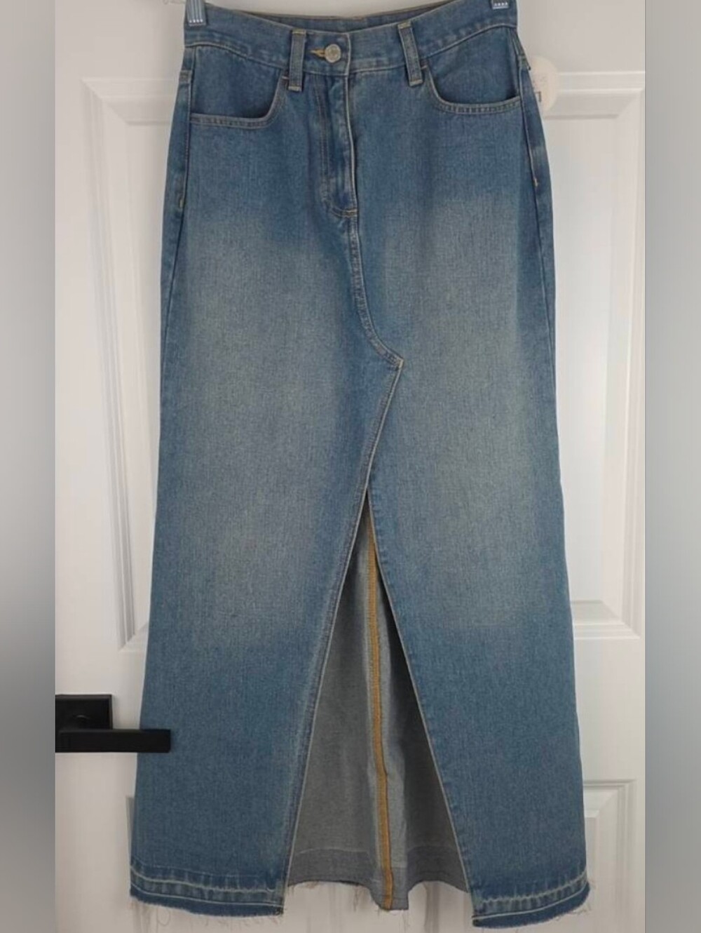 Sweetkama High-Rise Academia Boho Denim Midi Skirt w/ Front Slit Blue Size Small